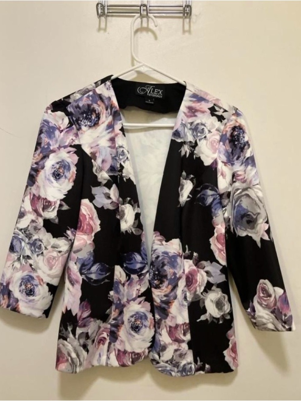 Alex Evenings Black Floral Open Front Blazer